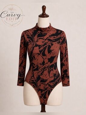 A New Day Brown Black Abstract Print Mock Neck Long Sleeve Bodysuit Size L Chic